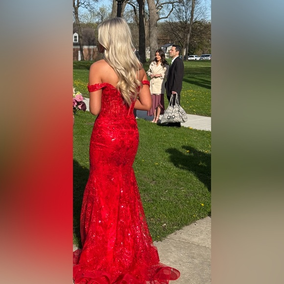 Sherri Hill Red Sequin Off-Shoulder Prom Dress - Picture 1 of 3